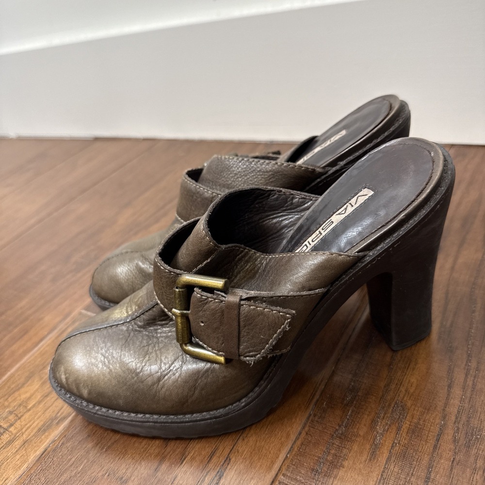 Y2K Via Spiga Leather Heel Mules‎ Womens 7.5 Dark Buckle Clog Booties Whimsigoth